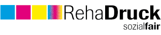 Das Logo des RehaDrucks bestehend aus vier Quadraten und dem Schriftzug RehaDruck